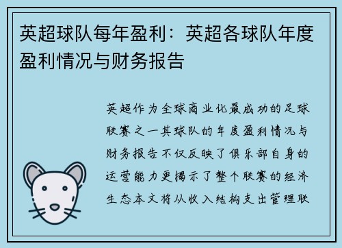 英超球队每年盈利：英超各球队年度盈利情况与财务报告