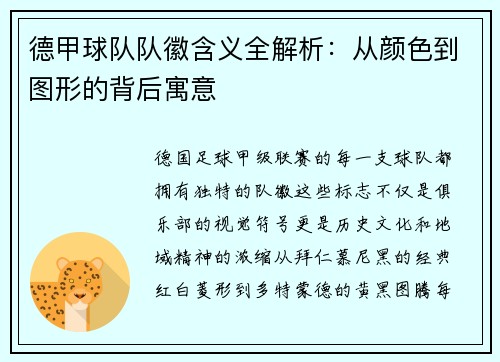 德甲球队队徽含义全解析：从颜色到图形的背后寓意