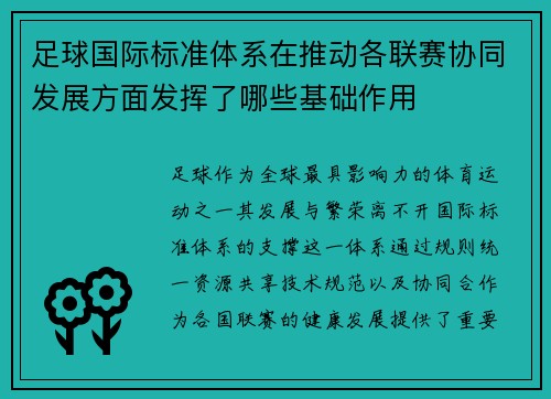足球国际标准体系在推动各联赛协同发展方面发挥了哪些基础作用
